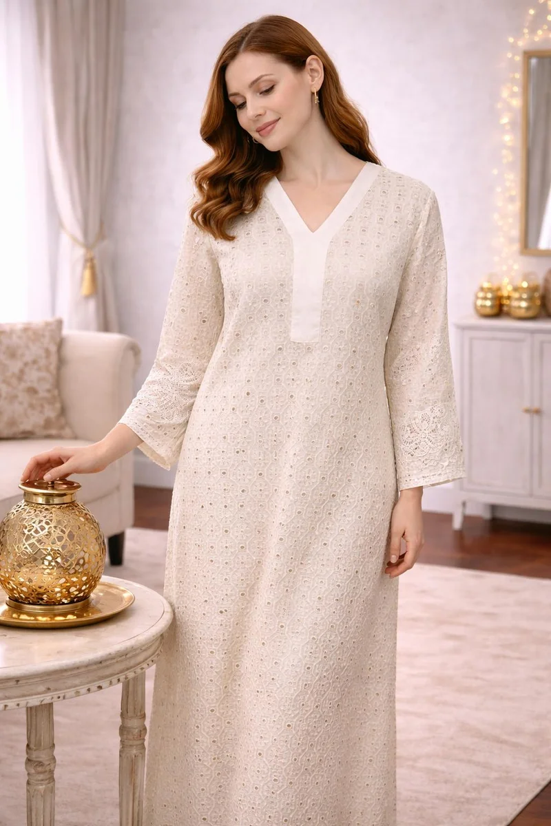 Artemea Ivory Chikankari Style Jalabiya with Mirror Work | Premium Rayon | Festive Elegant Full-Length Dress with inner lining